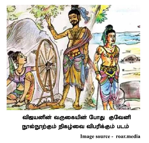 விஜயனின் வருகையின் போது குவேனி நூல்நூற்கும் நிகழ்வை விபரிக்கும் படம்