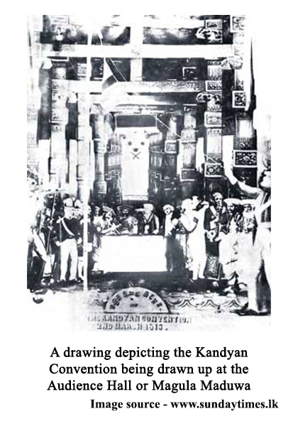 A drawing depicting the Kandyan Convention being drawn up at the Audience Hall or Magula Maduwa