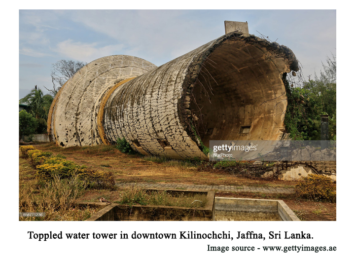 Toppled water tower in downtown Kilinochchi, Jaffna, Sri Lanka. 