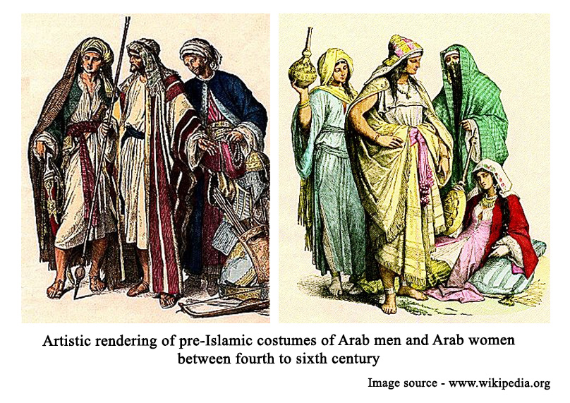 Artistic rendering of pre-Islamic costumes of Arab men and Arab women between fourth to sixth century